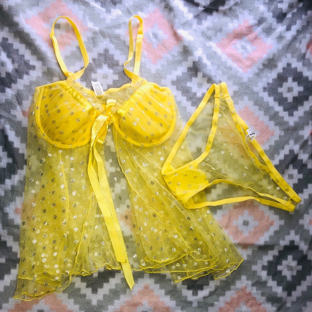 Sexy Yellow Polka Dot Babydoll Lingerie 34B set